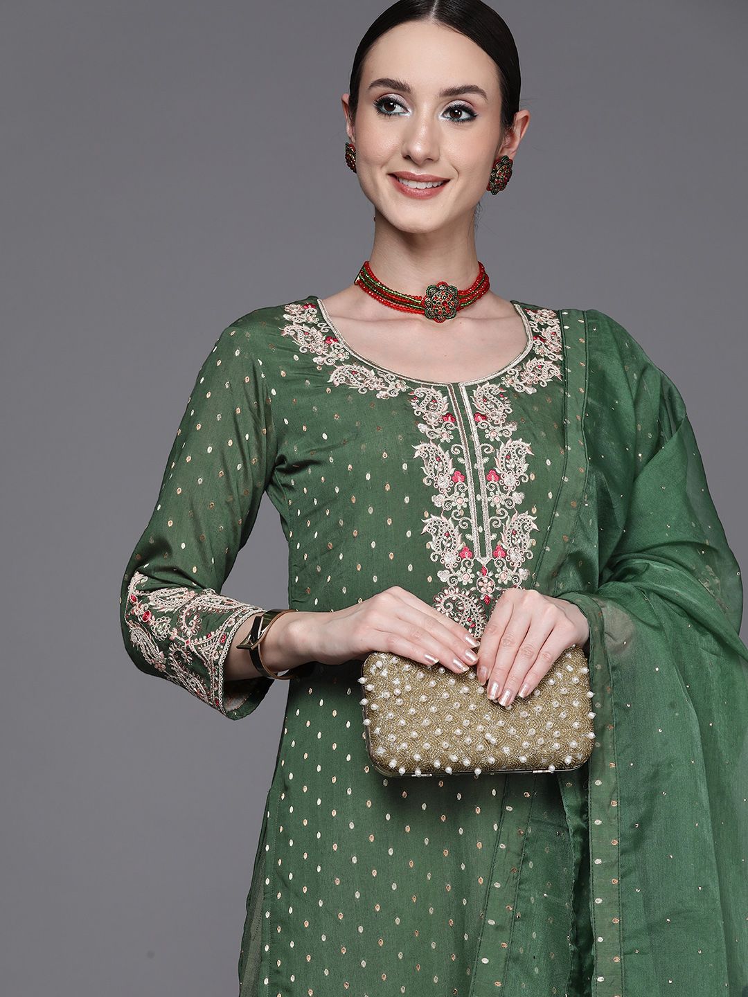 Indo Era Women Embroidered Thread Work Chanderi Silk Kurta with Trousers & With Dupatta Price in India