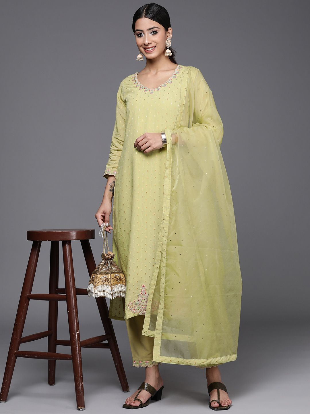 Indo Era Women Embroidered Thread Work Chanderi Silk Kurta with Trousers & With Dupatta Price in India