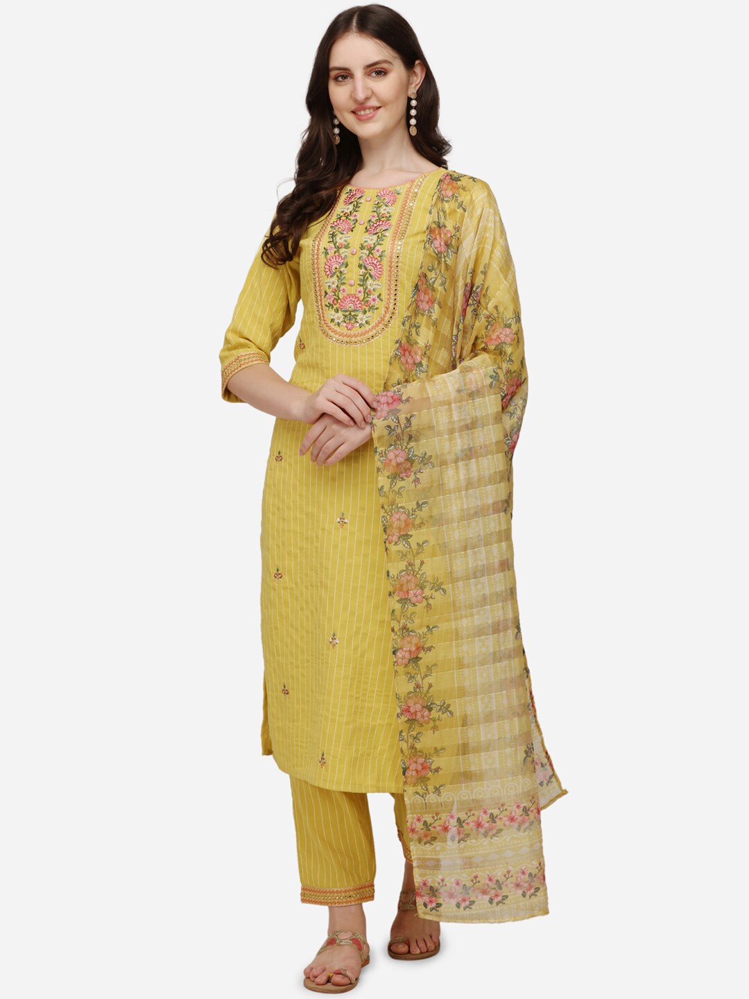 Berrylicious Yellow Embroidered Mirror Work Pure Cotton Kurta with Trouser & Dupatta Price in India