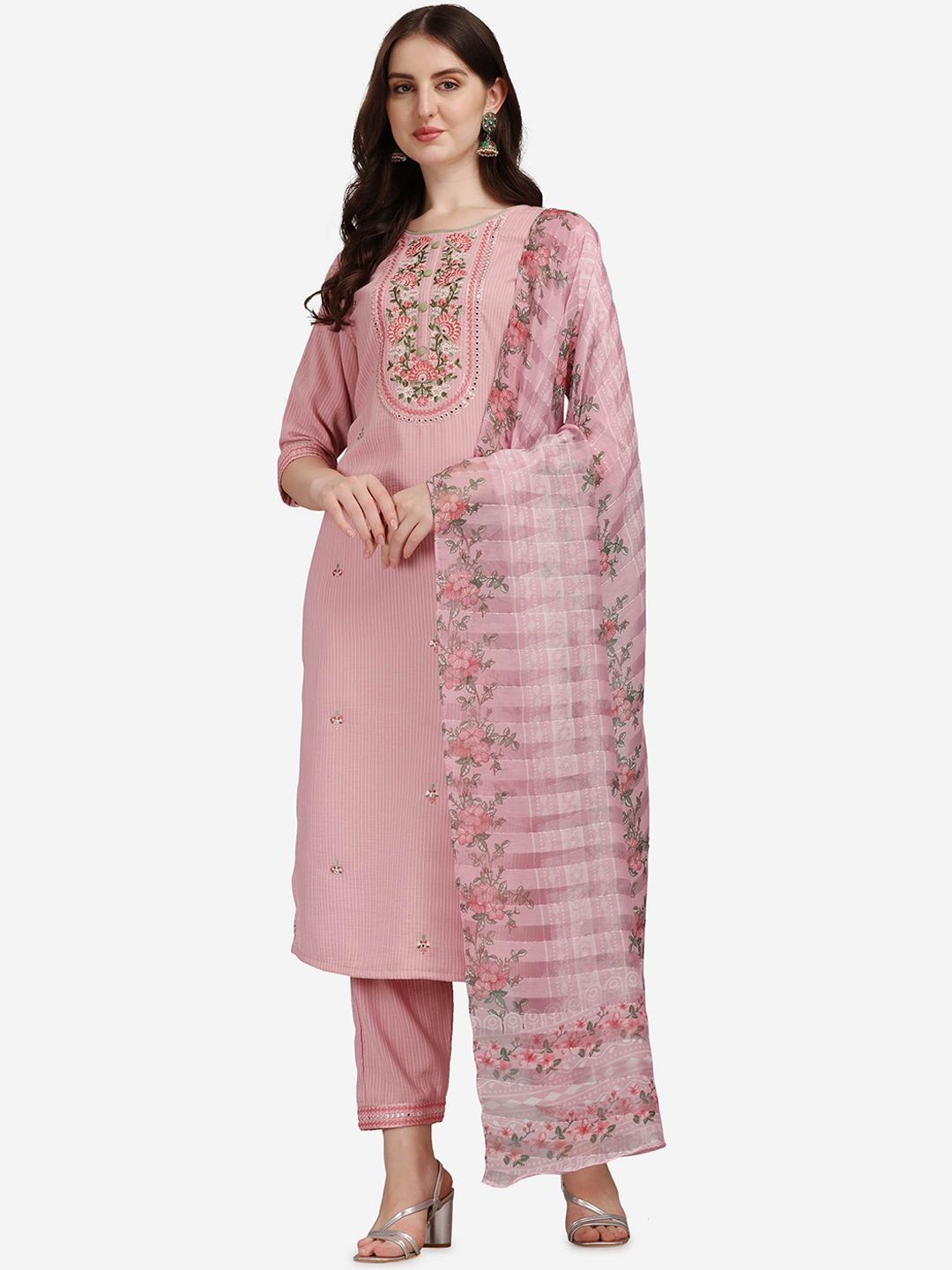 Berrylicious Pink Embroidered Mirror Work Pure Cotton Kurta with Trousers & Dupatta Price in India
