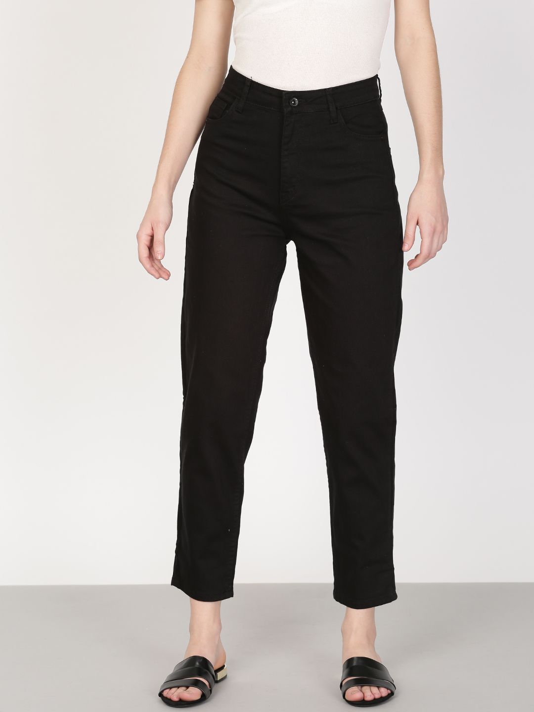 ether Women Black Mom Tapered Fit High-Rise Clean Look Cropped Stretchable Jeans Price in India