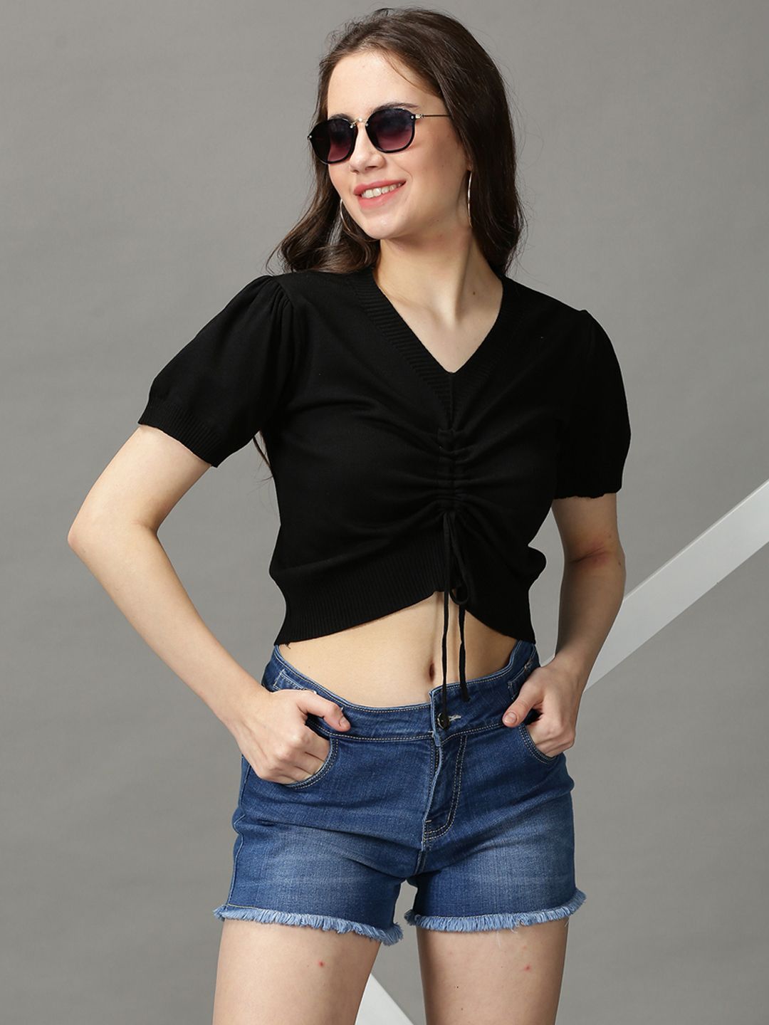 SHOWOFF Women Black Puff Sleeves Crop Top With Tie Up Detail Price in India