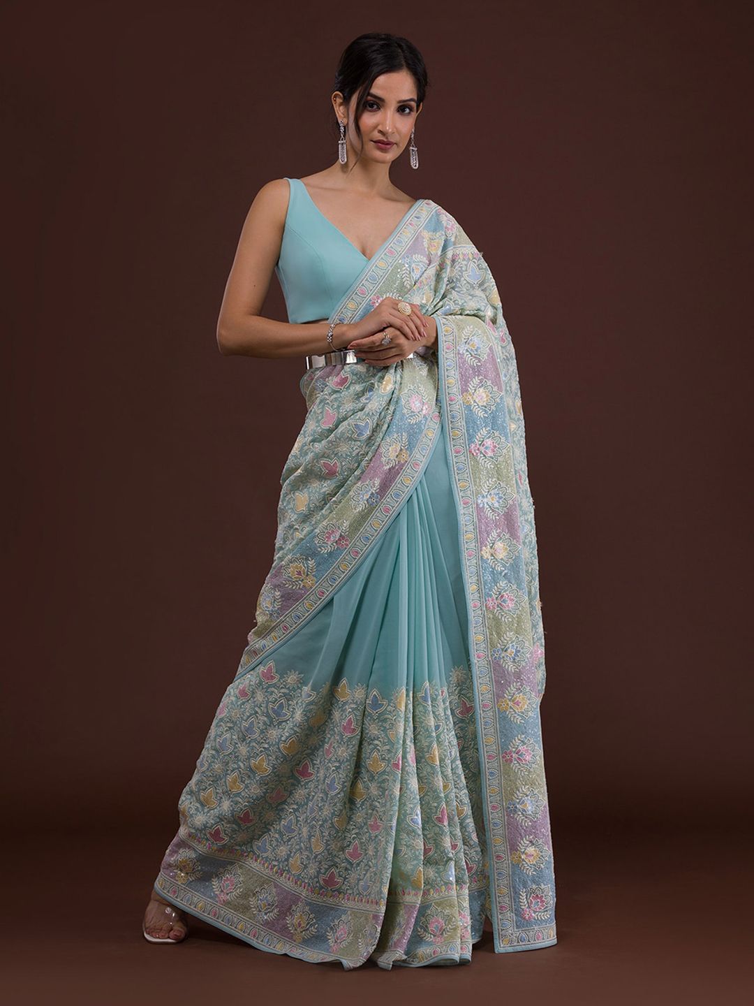 Koskii Blue & Pink Floral Embroidered Saree Price in India