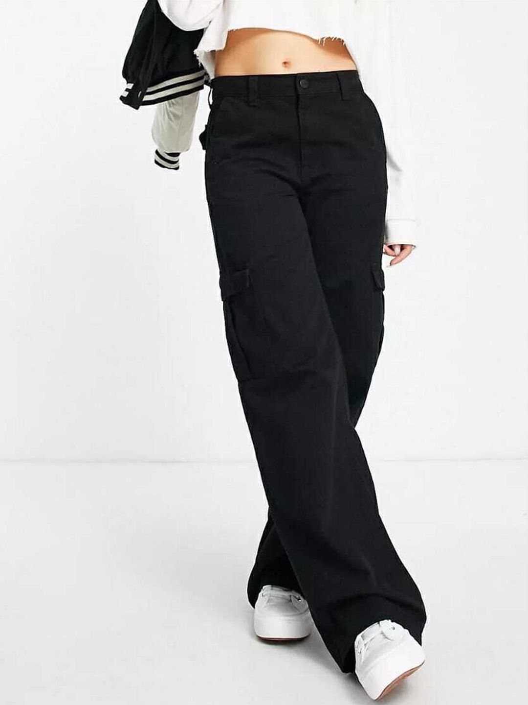 BROADSTAR Women Black Relaxed Straight Leg Loose Fit High-Rise Easy Wash Cargos Trousers Price in India