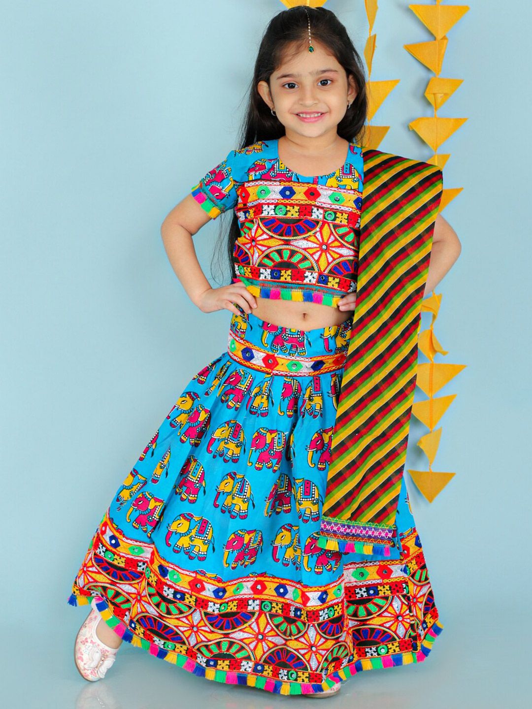 KID1 Girls Blue & Pink Printed Cotton Ready to Wear Lehenga & Blouse With Dupatta