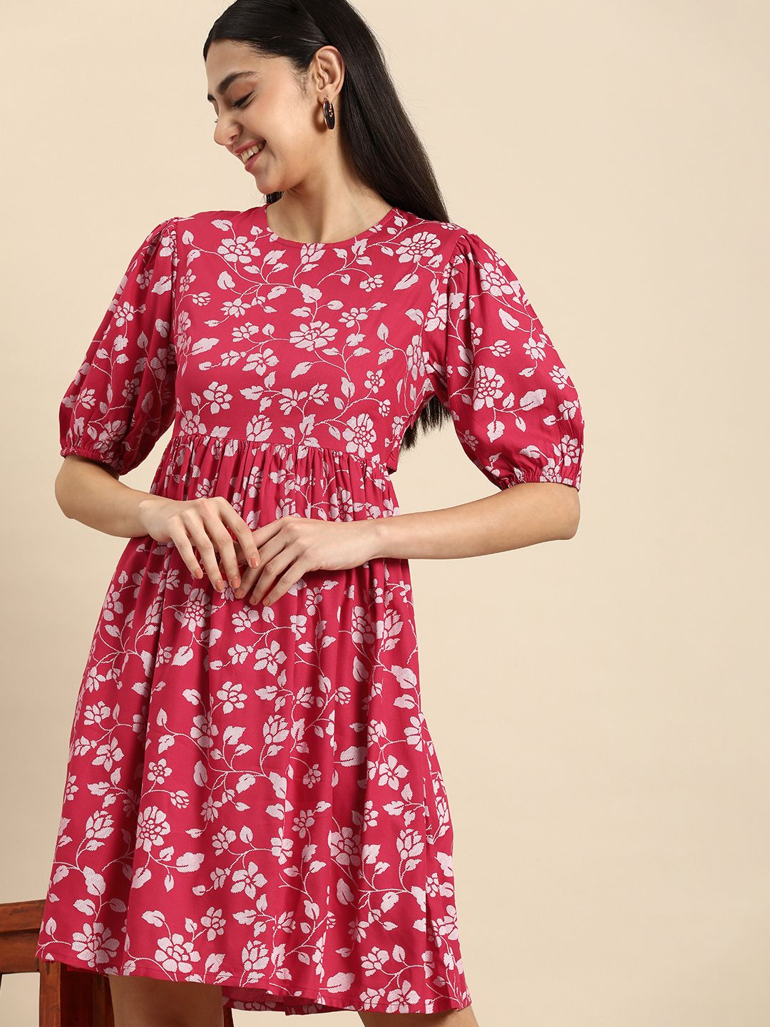 Anouk Puff Sleeves Styled Back Floral Fit & Flare Dress Price in India