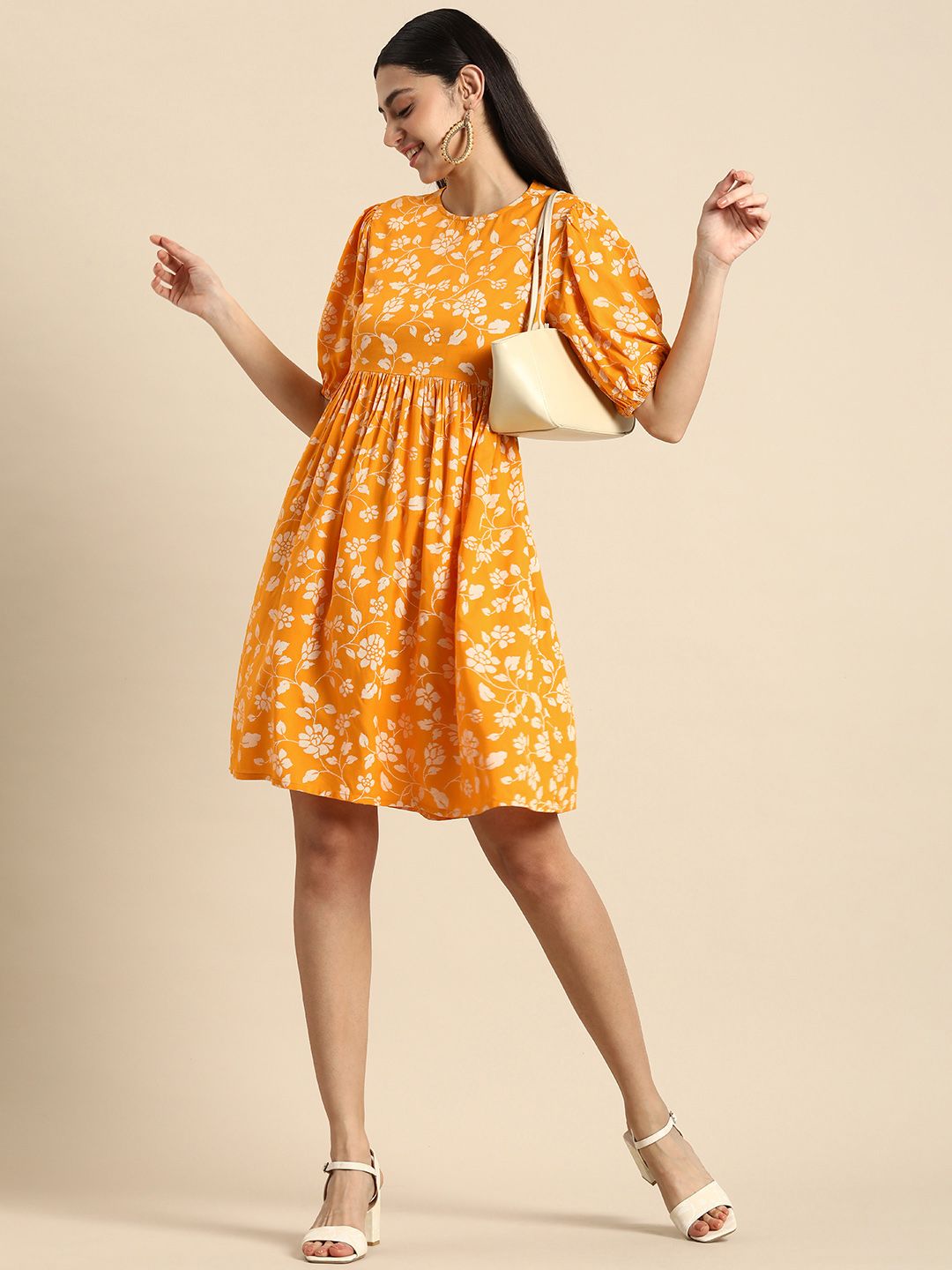 Anouk Puff Sleeves Styled Back Floral Fit & Flare Dress Price in India
