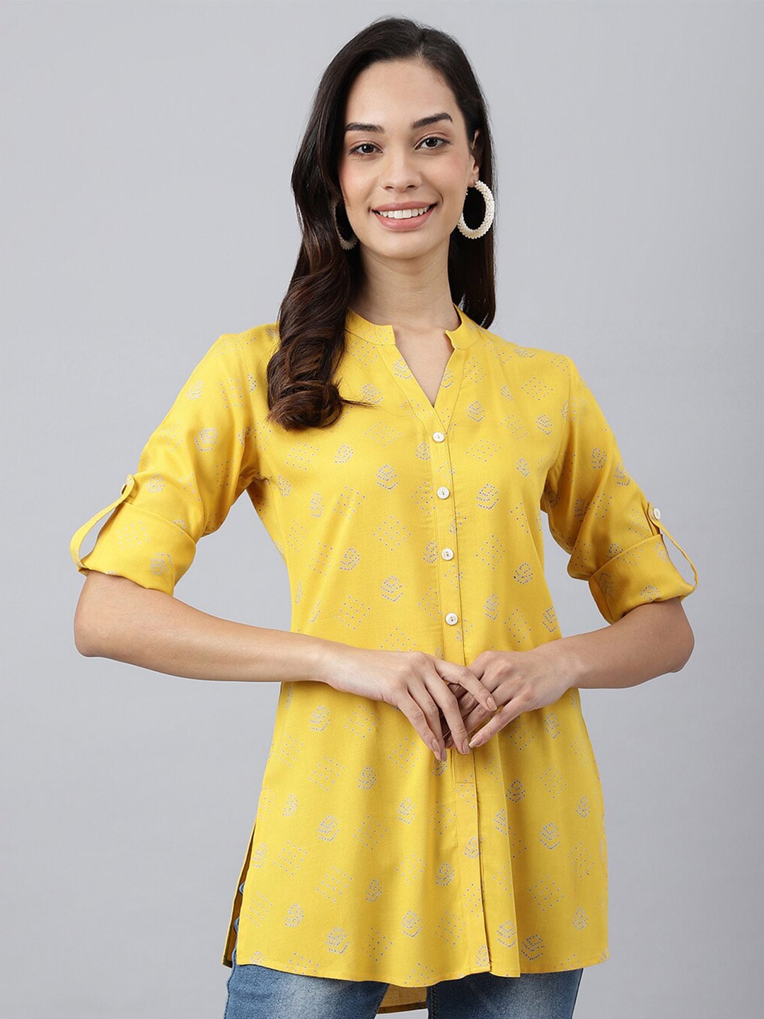 MEESAN Yellow & Grey Mandarin Collar Printed Tunic Price in India