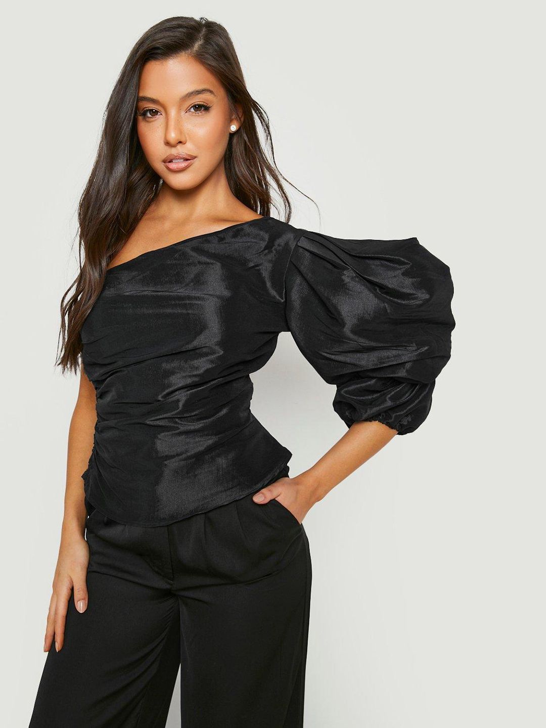 Boohoo One Shoulder Puff Sleeves Blouson Top Price in India