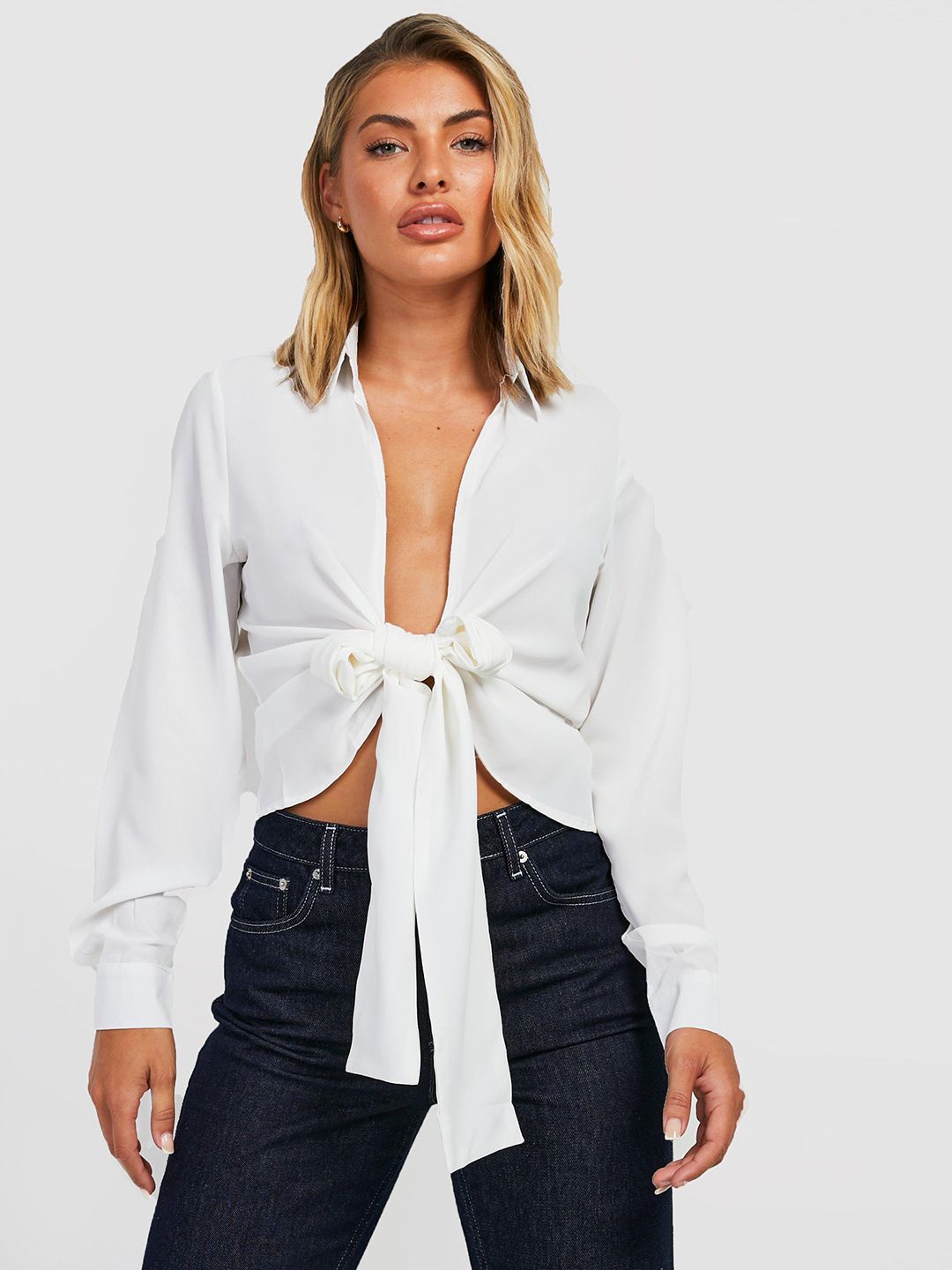 Boohoo Tie-Up Front Plunge Neck Shirt Style Top Price in India
