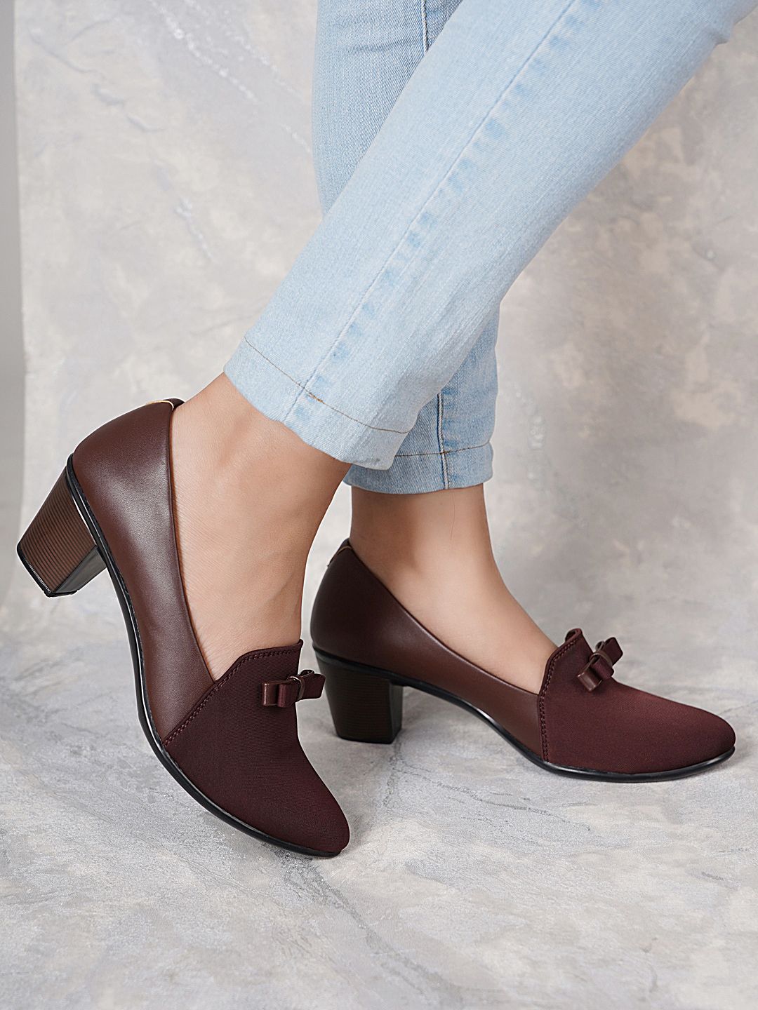 DressBerry Brown Block Pumps with Bows Heels