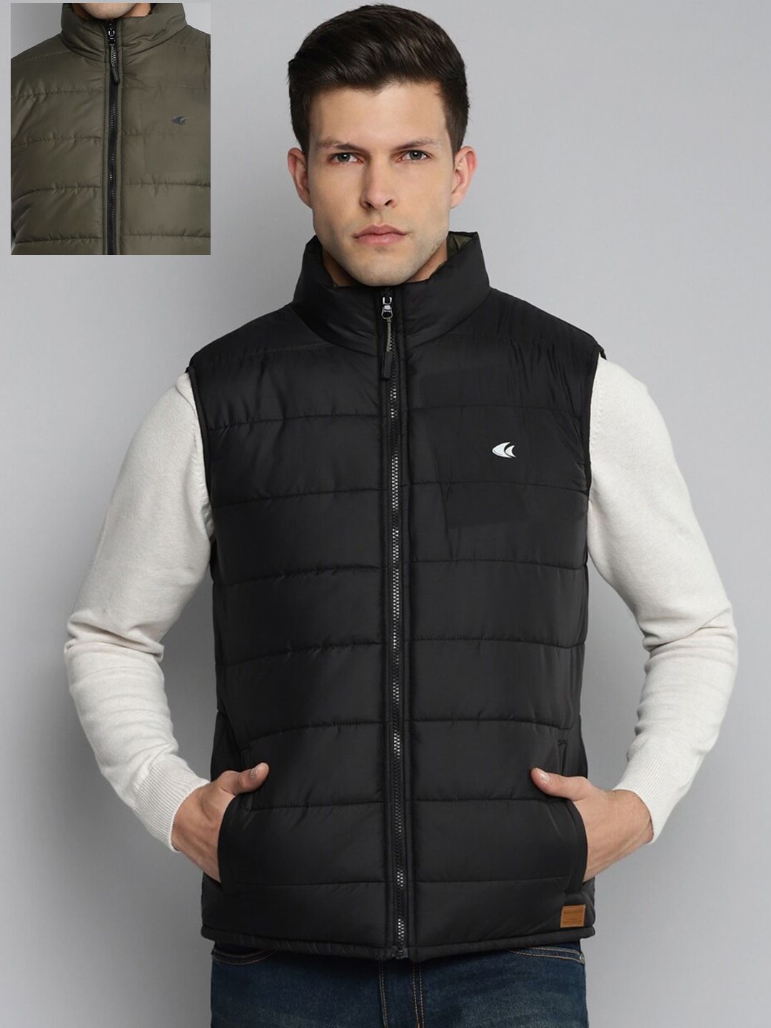 Allen Cooper Men Black & Olive Green Reversible Sleeveless Quilted Jacket