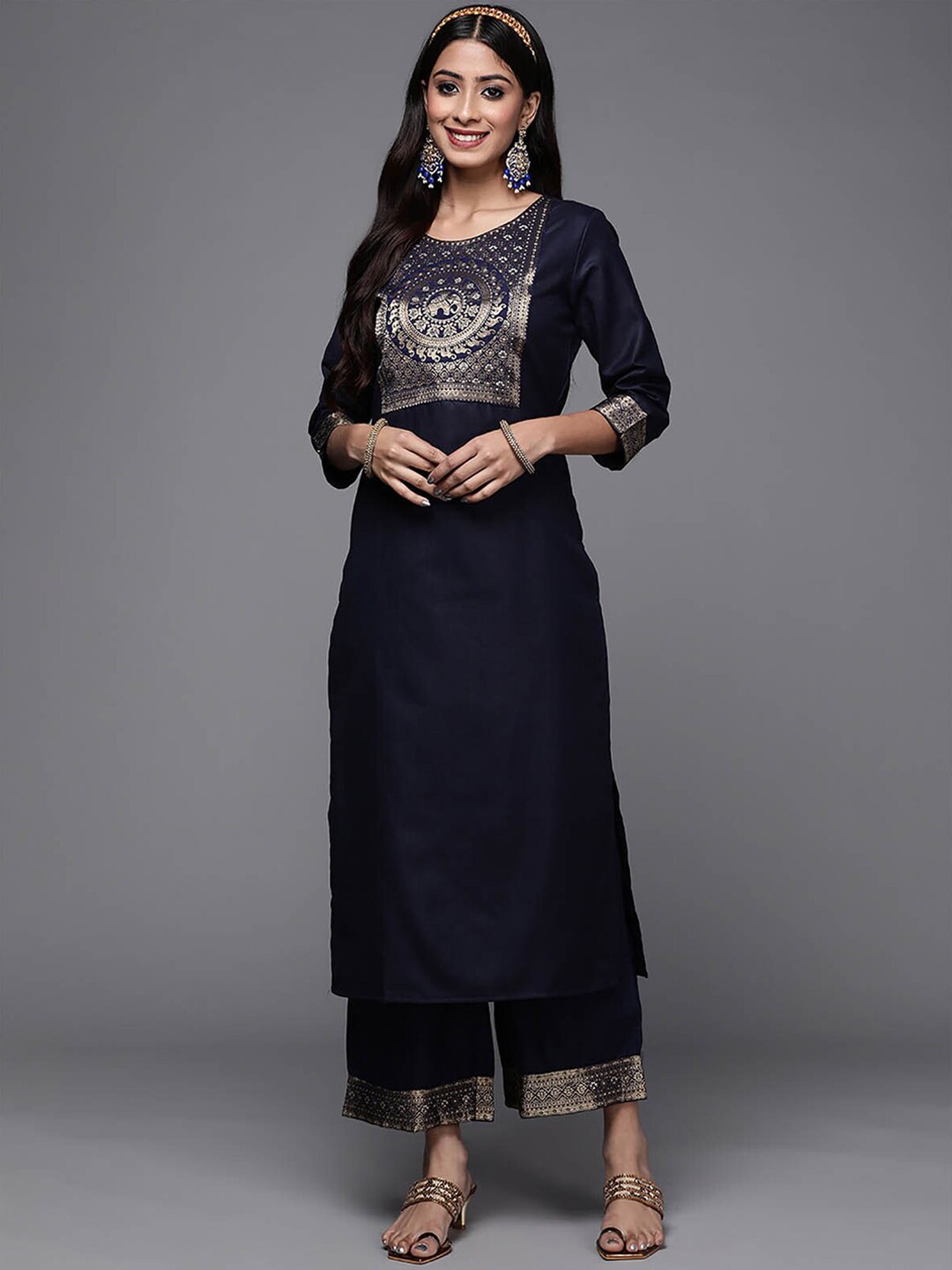 ODETTE Women Navy Blue Cotton Kurta With Palazzo Set Price in India
