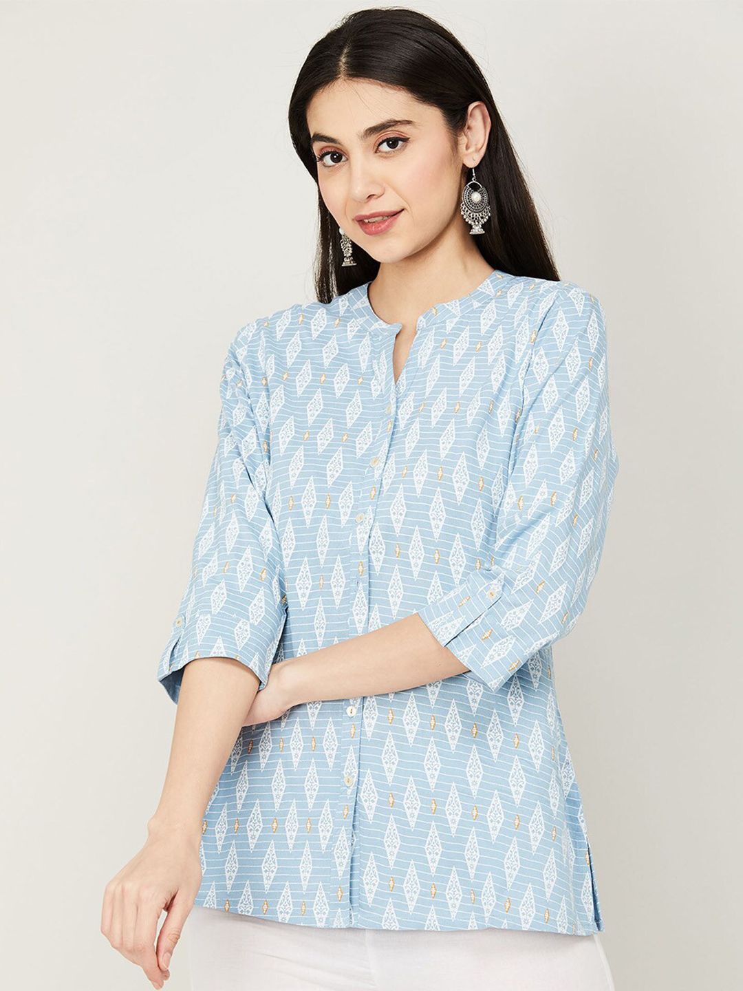 Melange by Lifestyle Blue & White Print Mandarin Collar Shirt Style Longline Top Price in India
