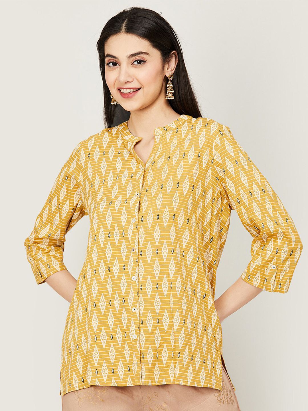 Melange by Lifestyle Mustard Yellow & White Print Mandarin Collar Shirt Style Longline Top Price in India