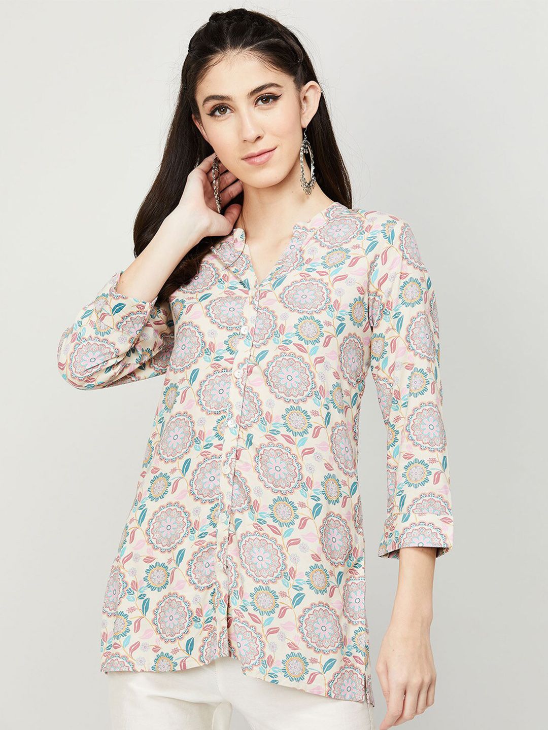 Melange by Lifestyle Beige Floral Print Mandarin Collar Shirt Style Longline Top Price in India