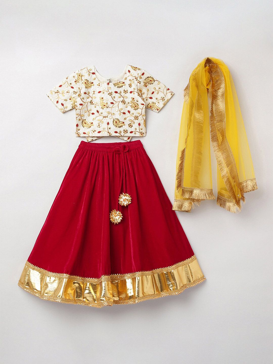 BYB PREMIUM Girls Red & Yellow Embellished Sequinned Ready to Wear Lehenga Set Price in India
