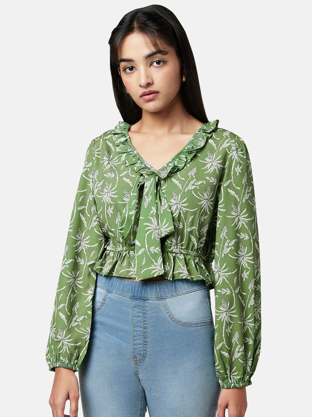 YU by Pantaloons Green Floral Print Ruffles Cinched Waist Crop Top Price in India