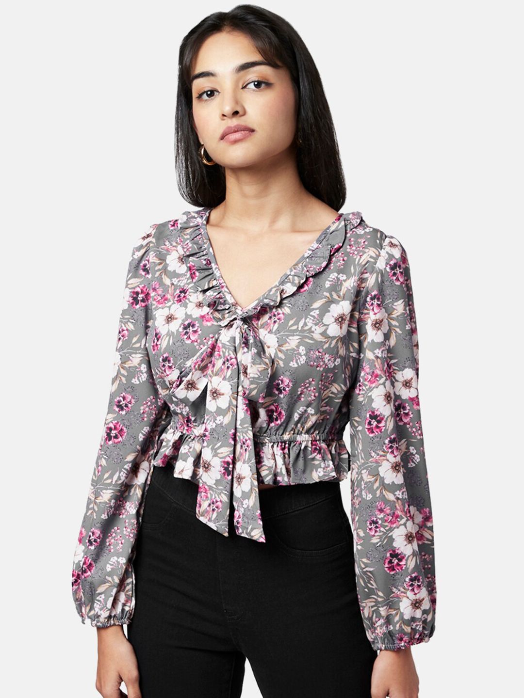 YU by Pantaloons Women Grey & Pink Floral Print Tie-Up Neck Top Price in India