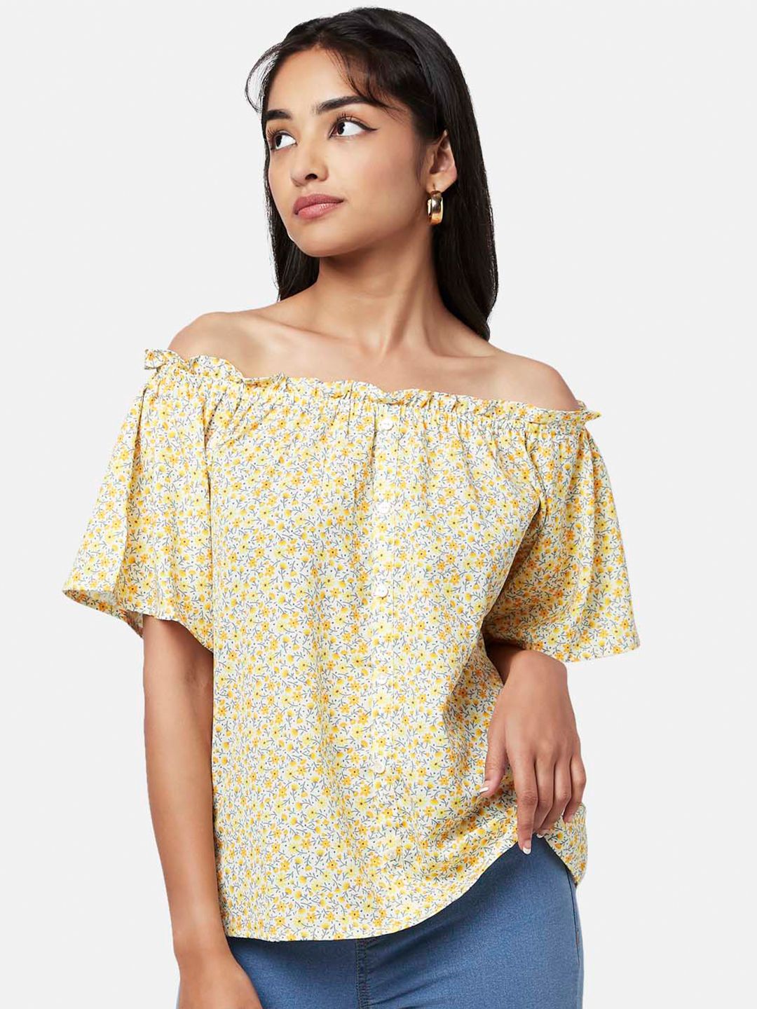 YU by Pantaloons Yellow Floral Print Off-Shoulder Bardot Top Price in India