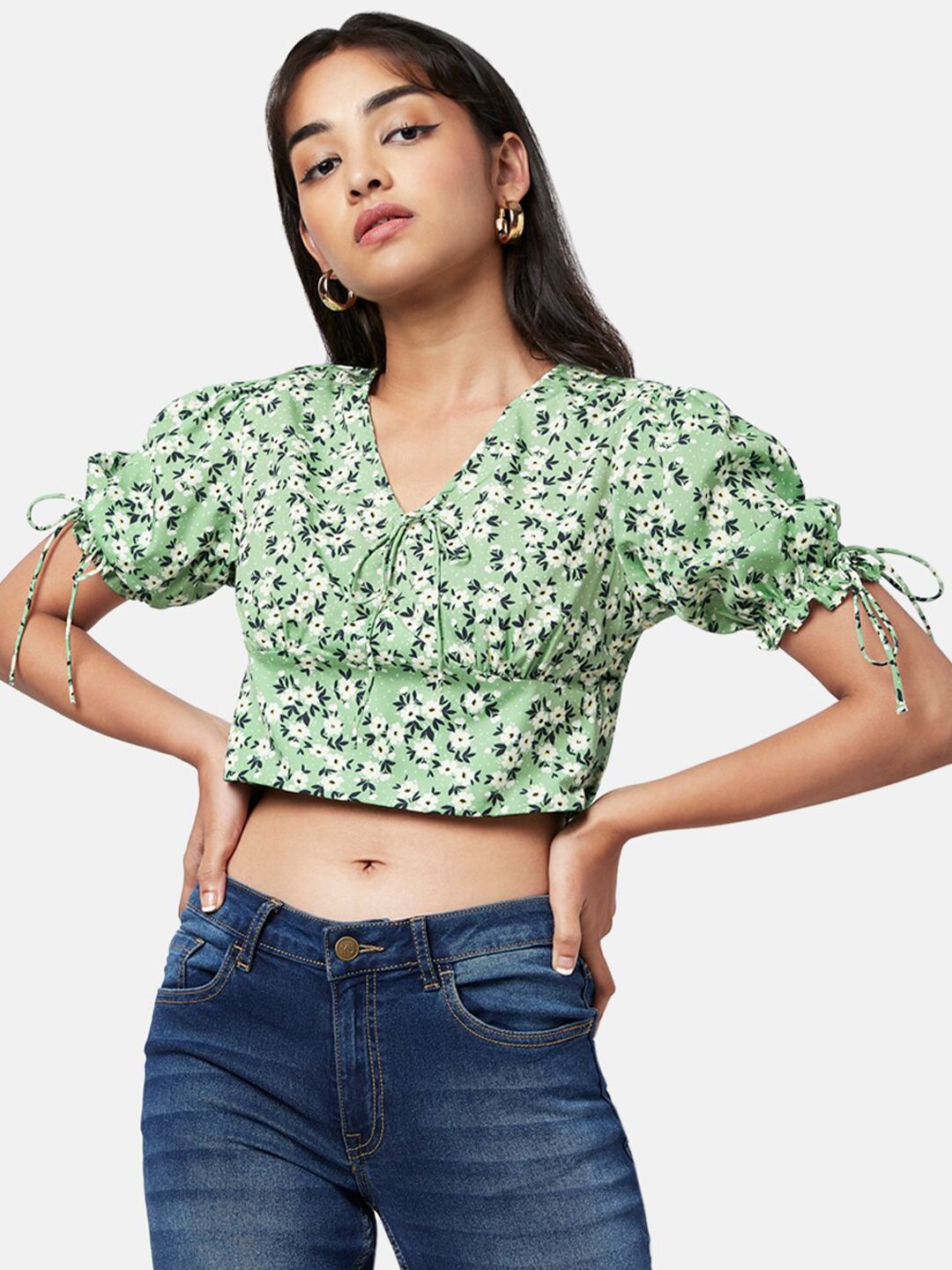 YU by Pantaloons Green & Off White Floral Print Crop Top Price in India