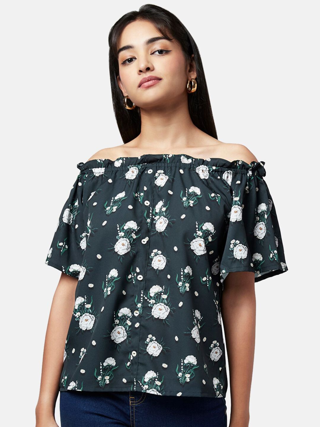 YU by Pantaloons Black Floral Print Off-Shoulder Bardot Top Price in India