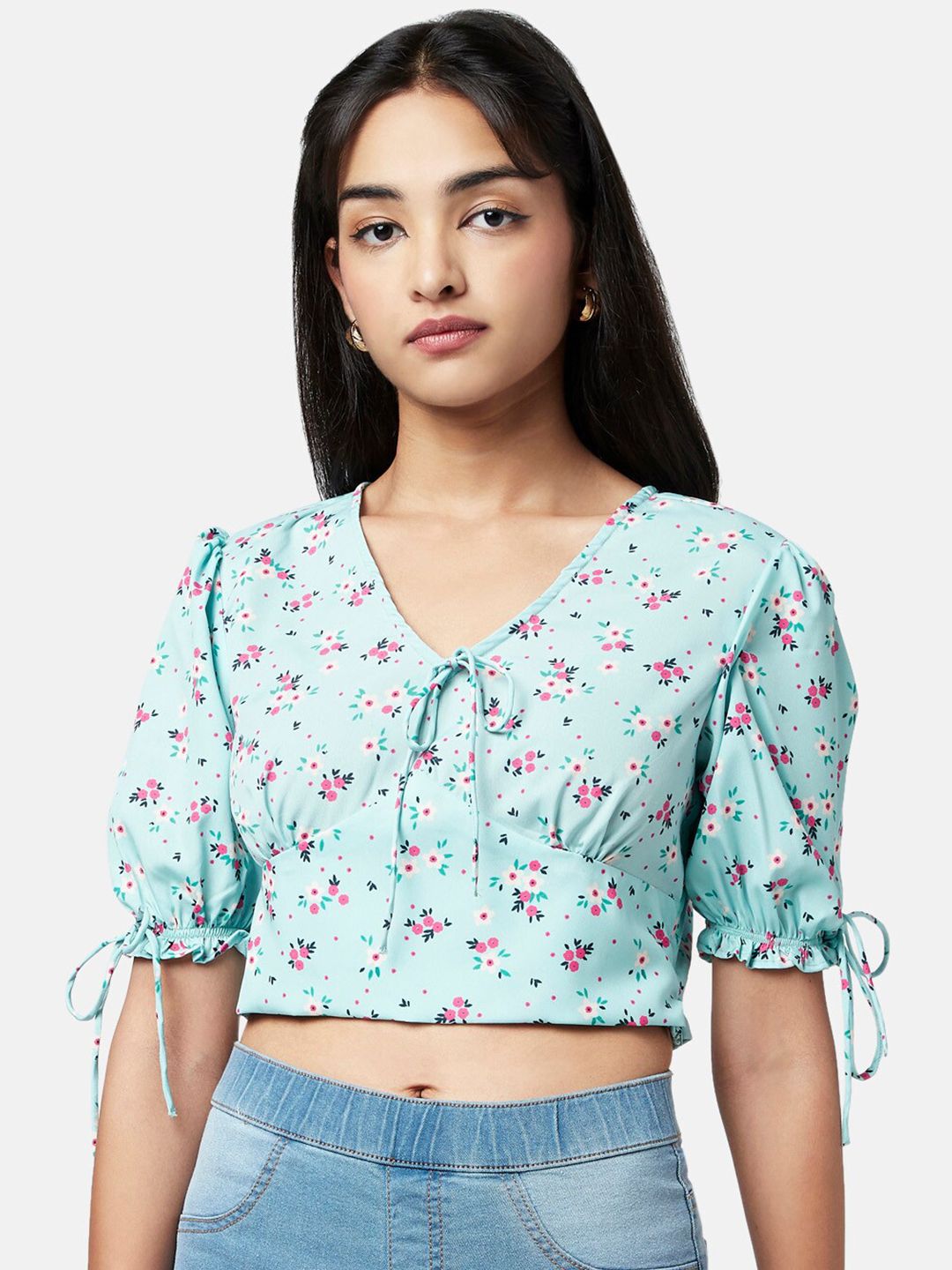 YU by Pantaloons Green Floral Print Tie-Up Neck Crop Top Price in India