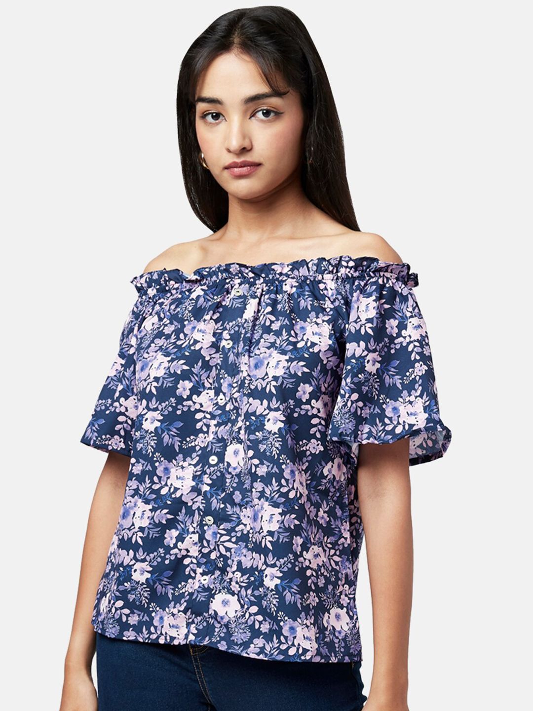 YU by Pantaloons Navy Blue Floral Print Off-Shoulder Bardot Top Price in India
