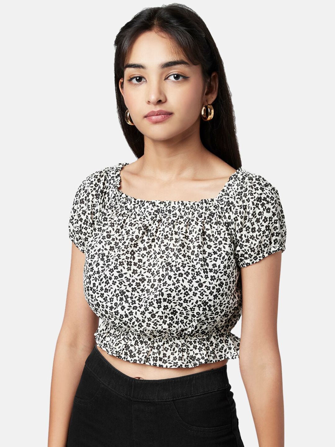 YU by Pantaloons White Floral Print Blouson Crop Top Price in India