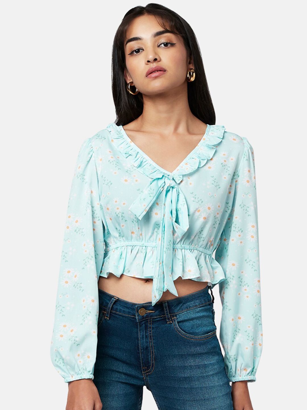 YU by Pantaloons Blue Floral Print Ruffles Cinched Waist Crop Top Price in India