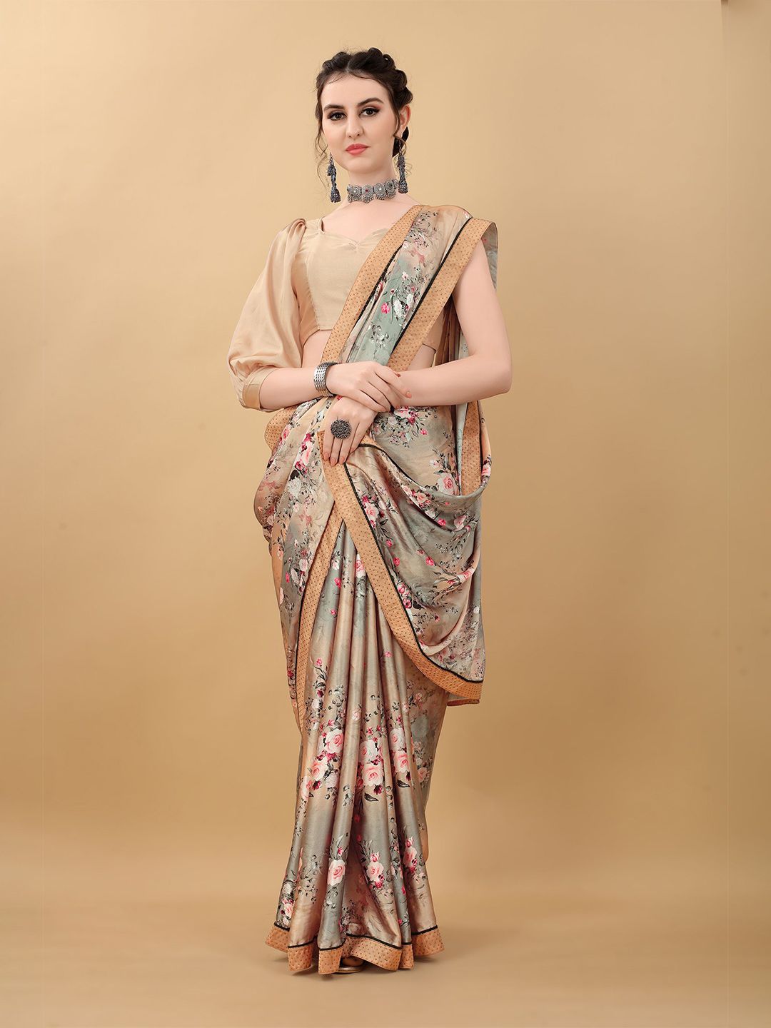 kasee Grey & Brown Floral Satin Saree Price in India