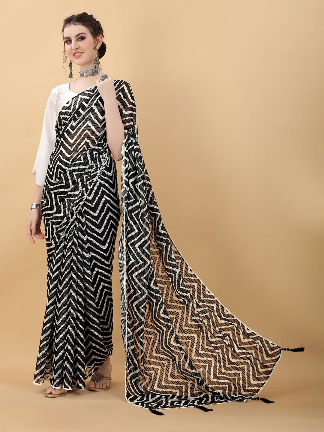 kasee Black & Off White Striped Satin Saree Price in India