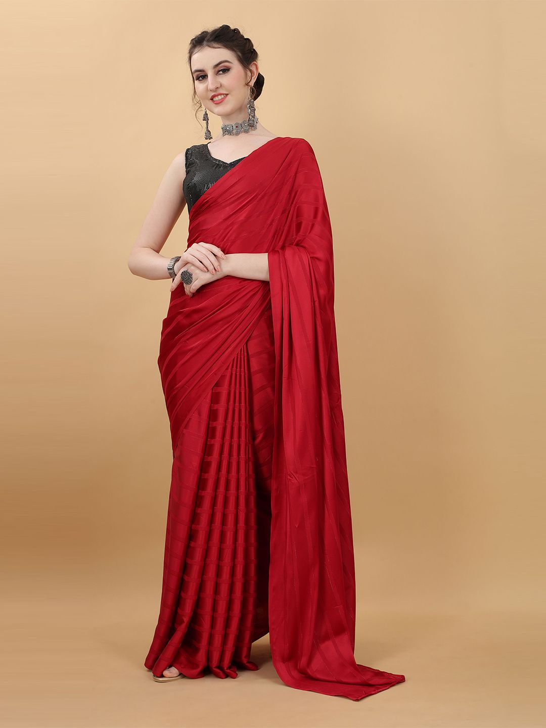 kasee Red & Black Striped Poly Georgette Saree Price in India