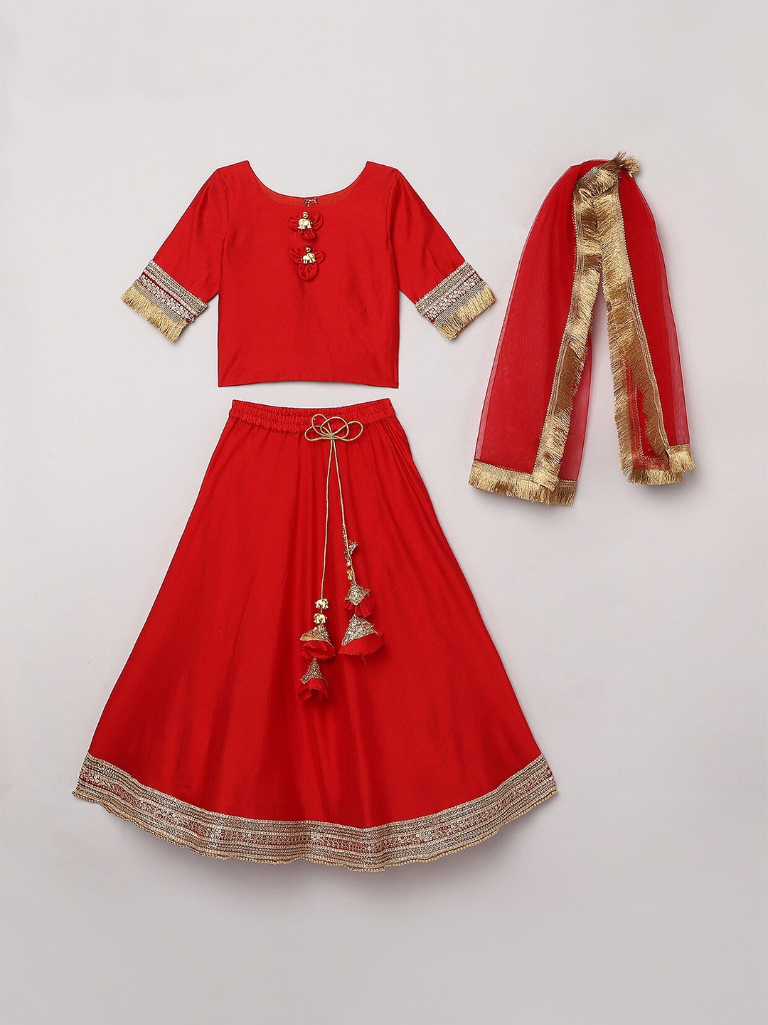 BYB PREMIUM Girls Red & Gold-Toned Sequinned Ready to Wear Lehenga & Blouse With Dupatta Price in India
