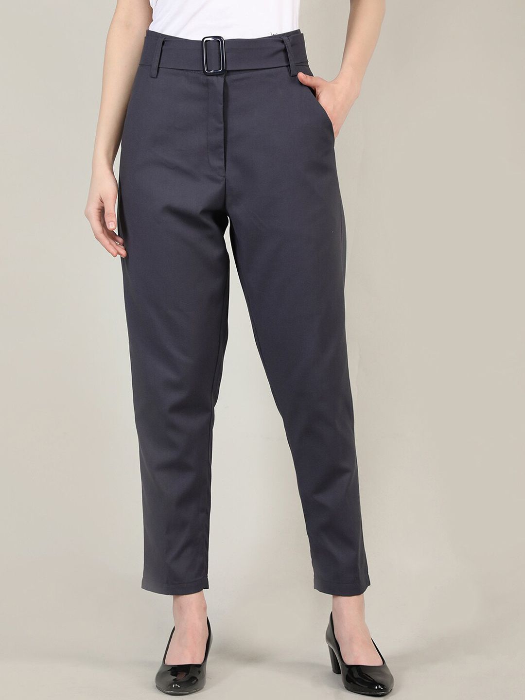 Dlanxa Women Charcoal Solid Regular Fit Formal Trousers Price in India