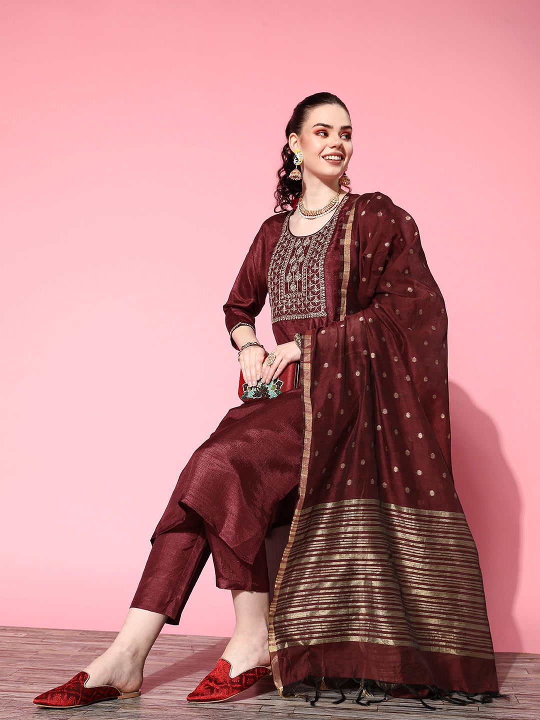 Ishin Maroon Floral Thread Work Kurta with Trousers & With Dupatta Price in India