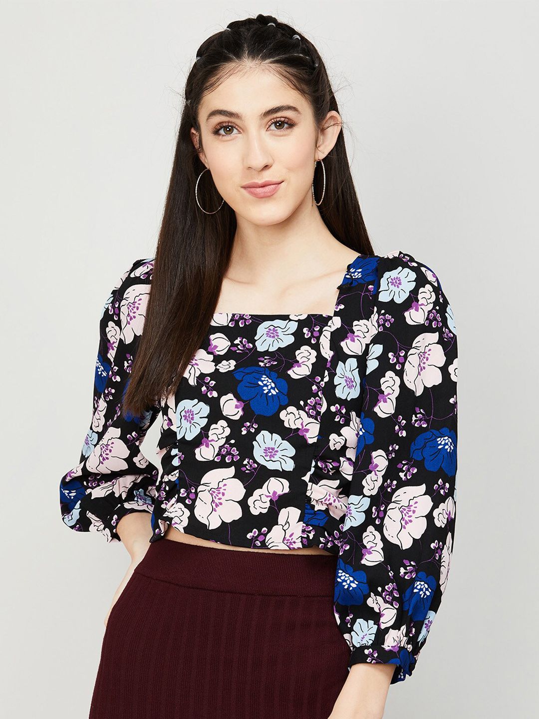 Ginger by Lifestyle Black & White Floral Printed Crop Top Price in India