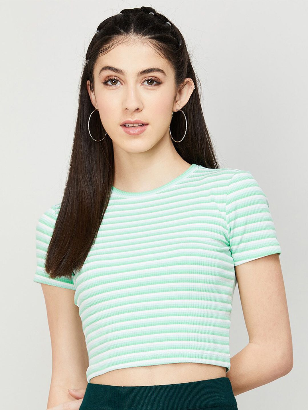 Ginger by Lifestyle Sea Green Striped Crop Top Price in India