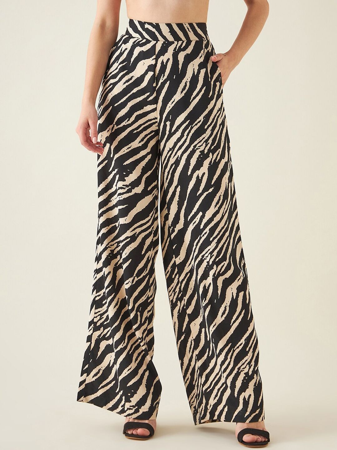 JUNE & HARRY Women Black Animal Printed Smart Straight Fit High-Rise Trousers Price in India