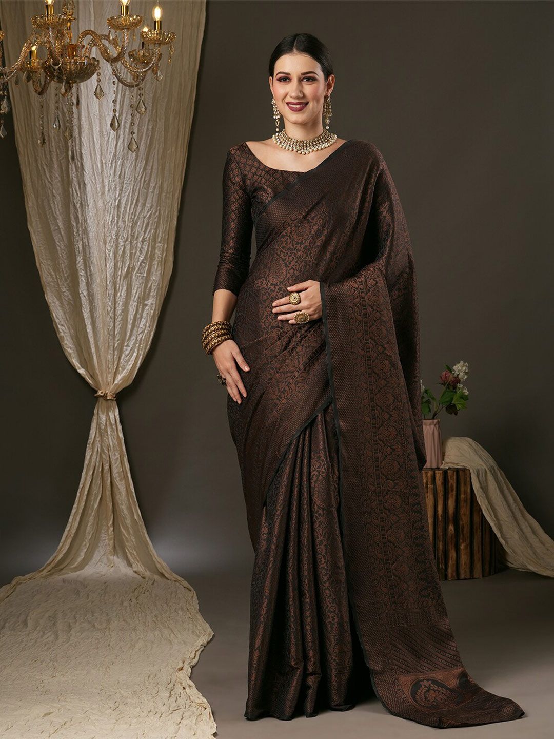 Saree mall Black & Gold-Toned Woven Design Zari Silk Blend Banarasi Sarees Price in India