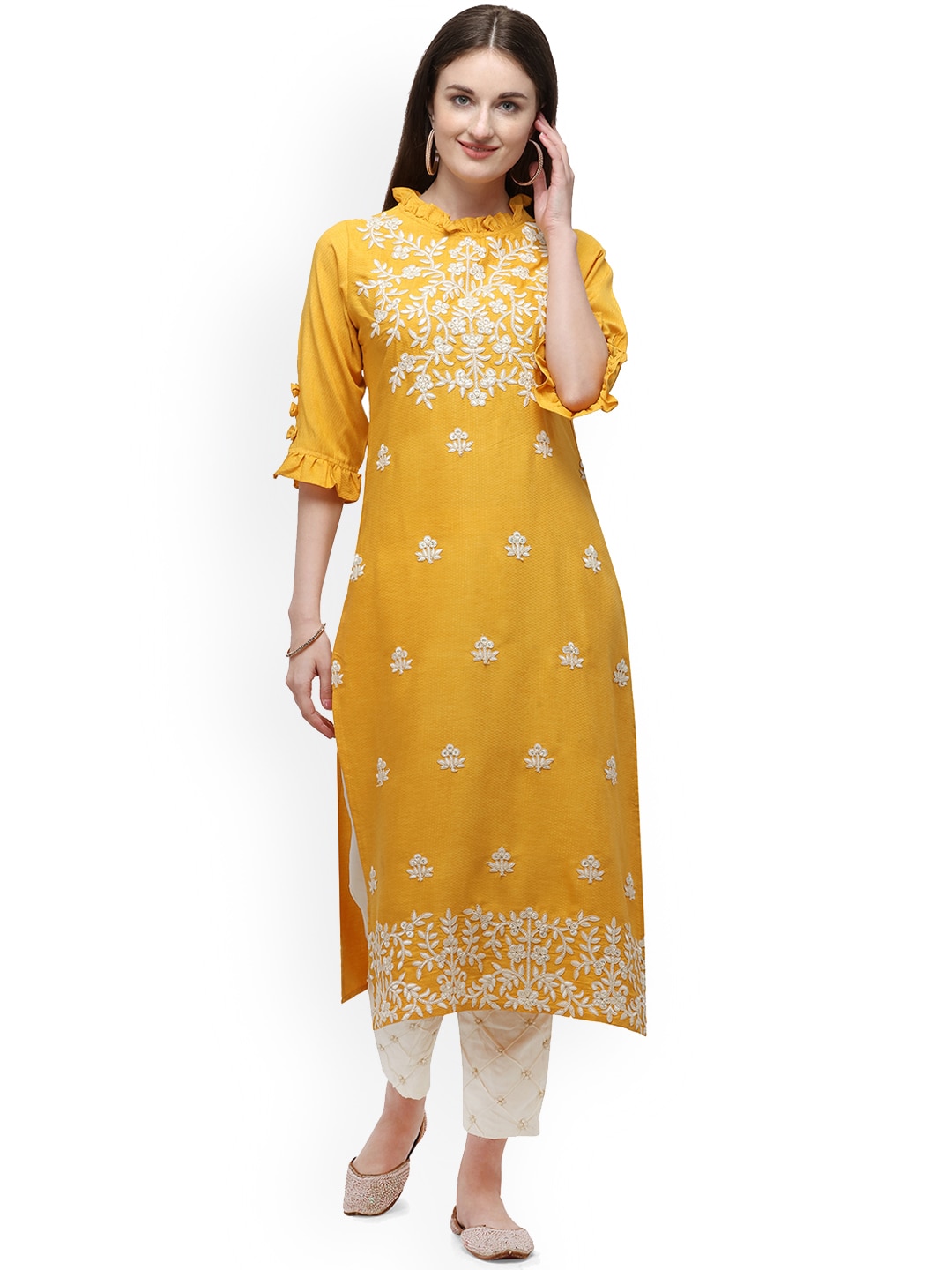 Berrylicious Women Mustard Yellow Ethnic Motifs Embroidered Chikankari Kurta with Trousers Price in India