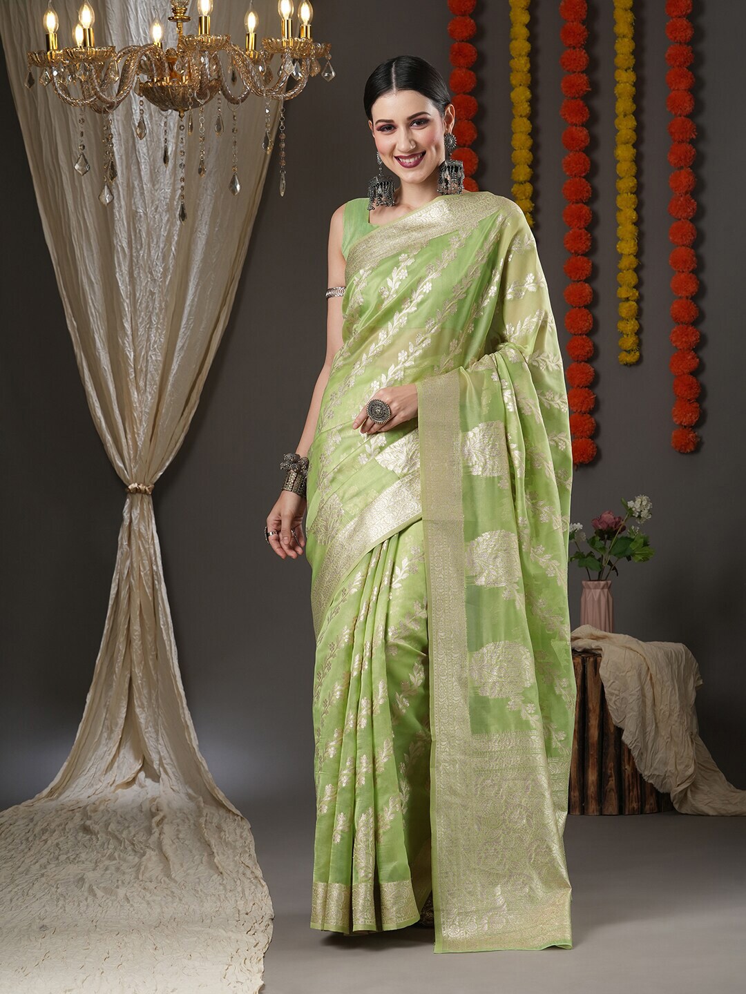 Saree mall Green & Gold-Toned Woven Design Zari Organza Leheriya Sarees Price in India