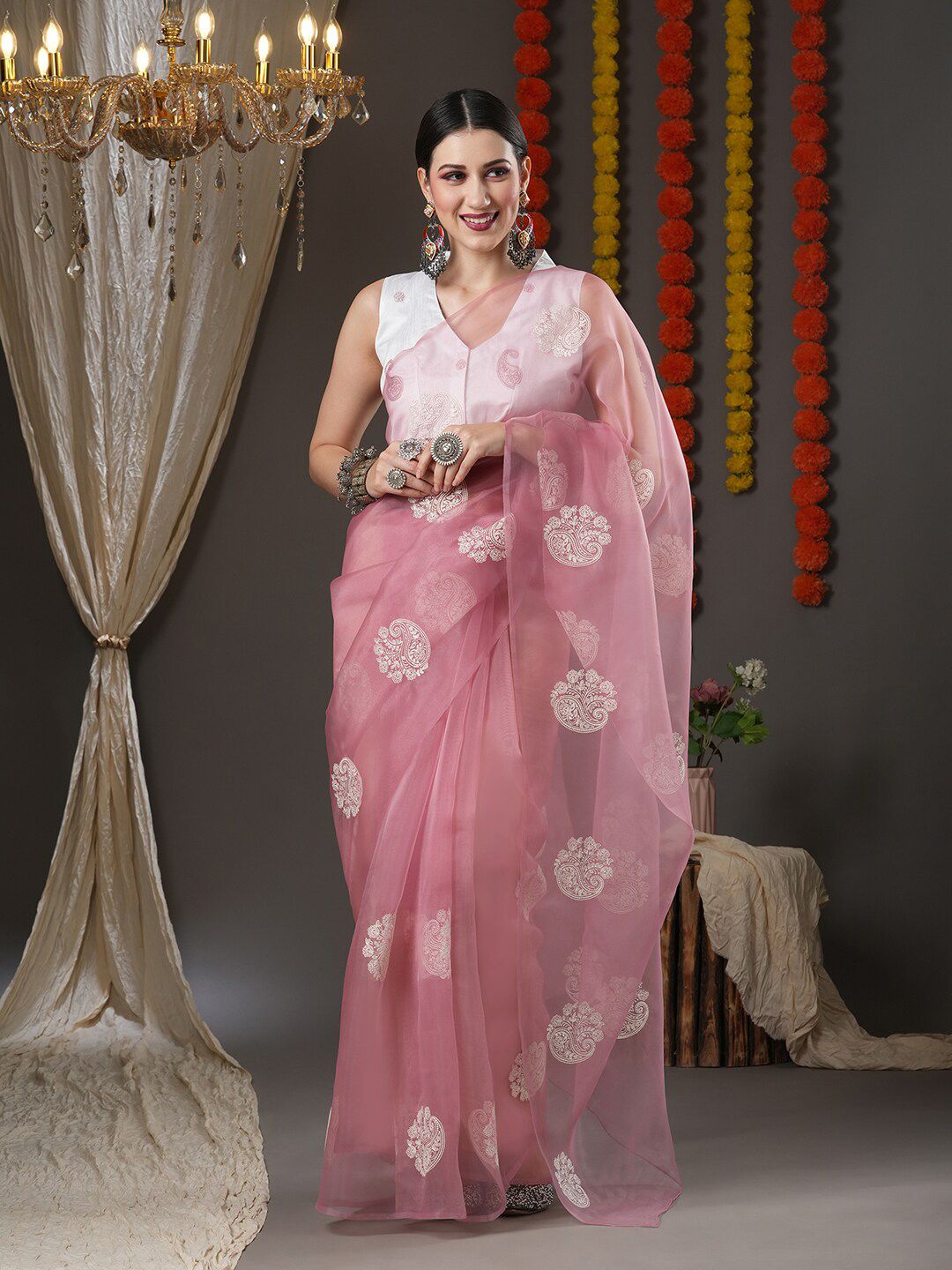 Saree mall Mauve & White Floral Embroidered Organza Banarasi Sarees Price in India