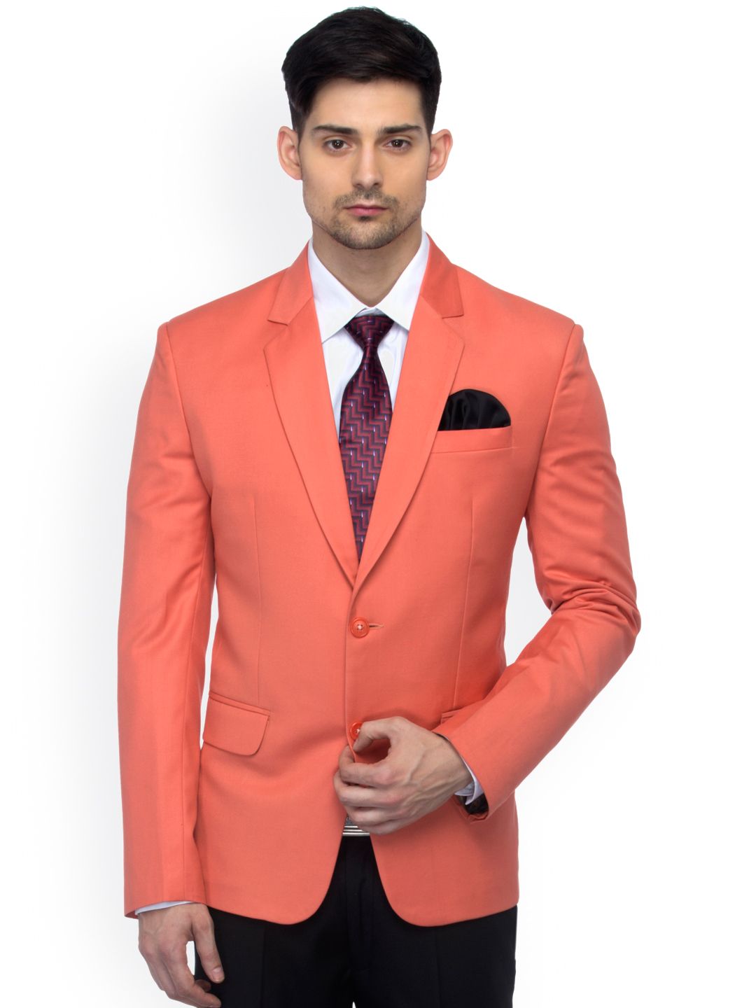 FAVOROSKI Orange Slim Fit Woollen Single-Breasted Party Blazer