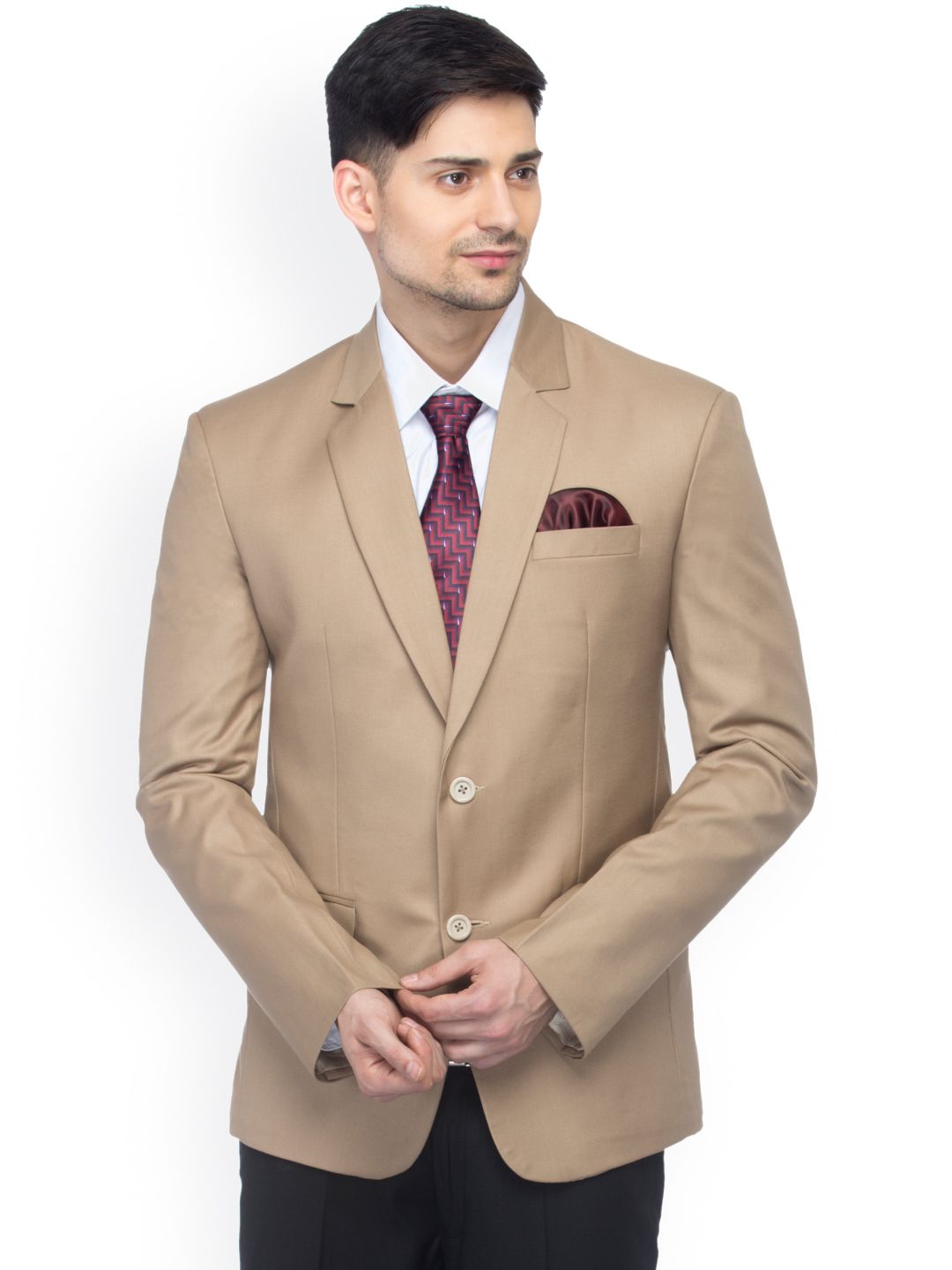 FAVOROSKI Beige Slim Fit Woollen Single-Breasted Formal Blazer