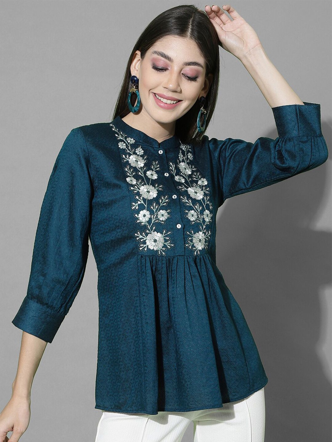 SKYLEE Women Teal Blue Ethnic Motifs Embroidered Kurti Price in India