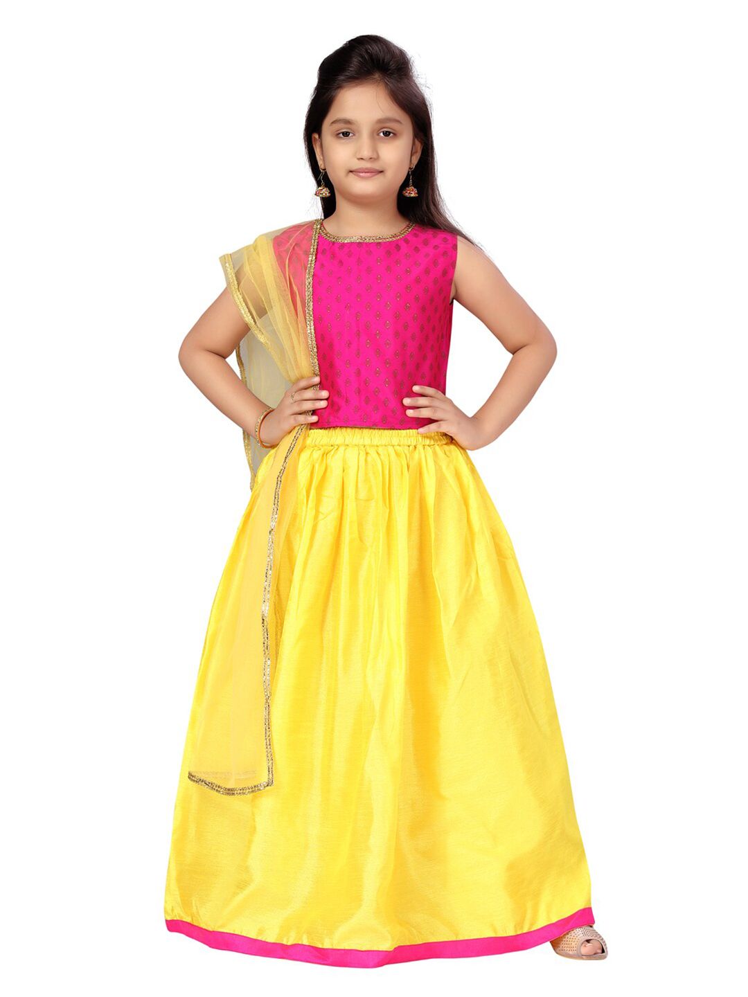 Aarika Girls Yellow & Pink Printed Lehenga Choli  With Dupatta Price in India
