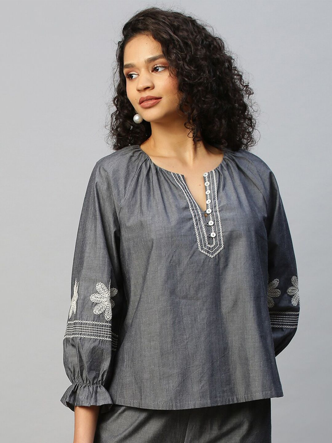 Chemistry Charcoal Floral Print Chambray Pure Cotton Top Price in India