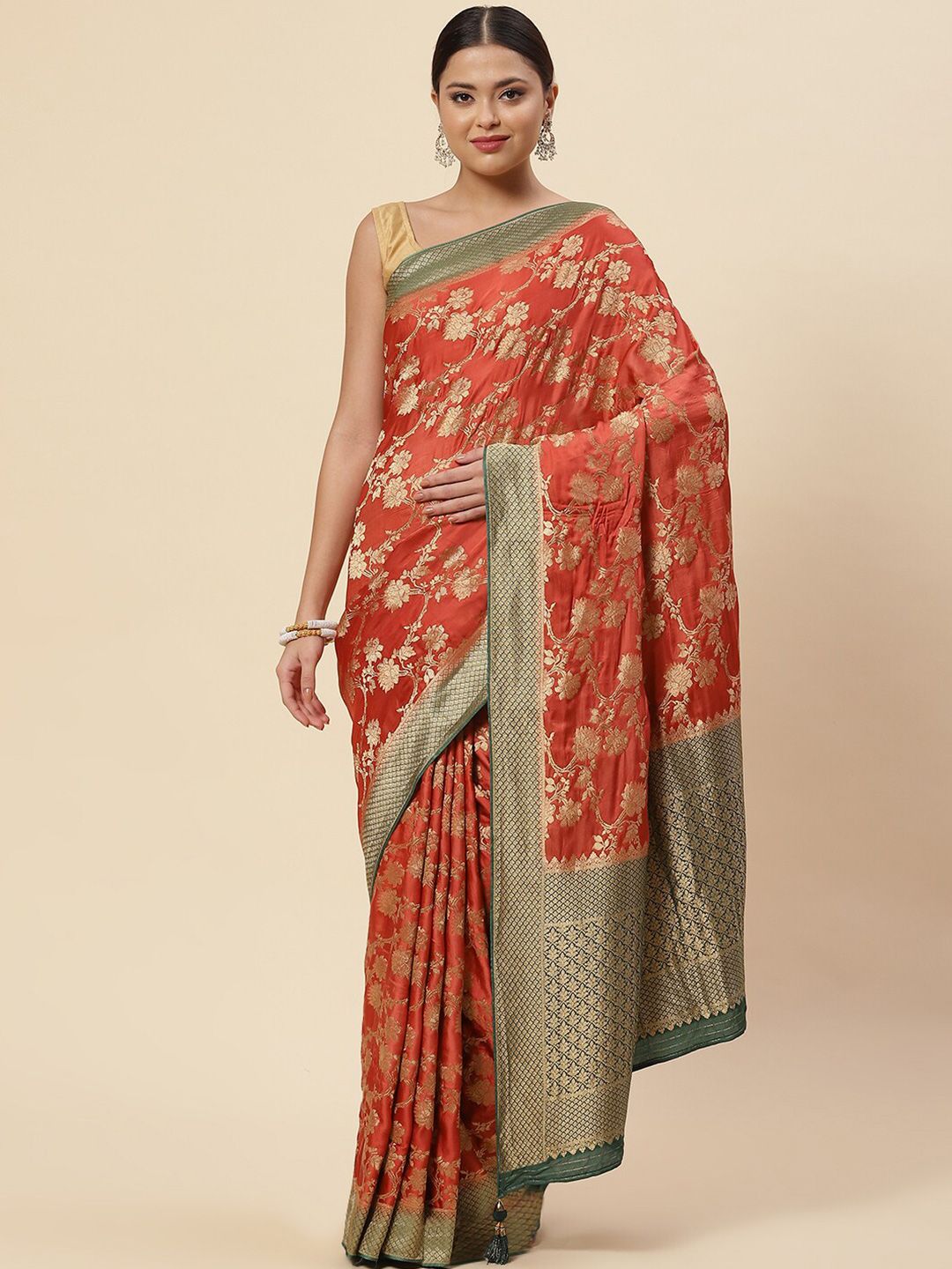 Meena Bazaar Rust & Green Ethnic Motifs Zari Satin Saree Price in India