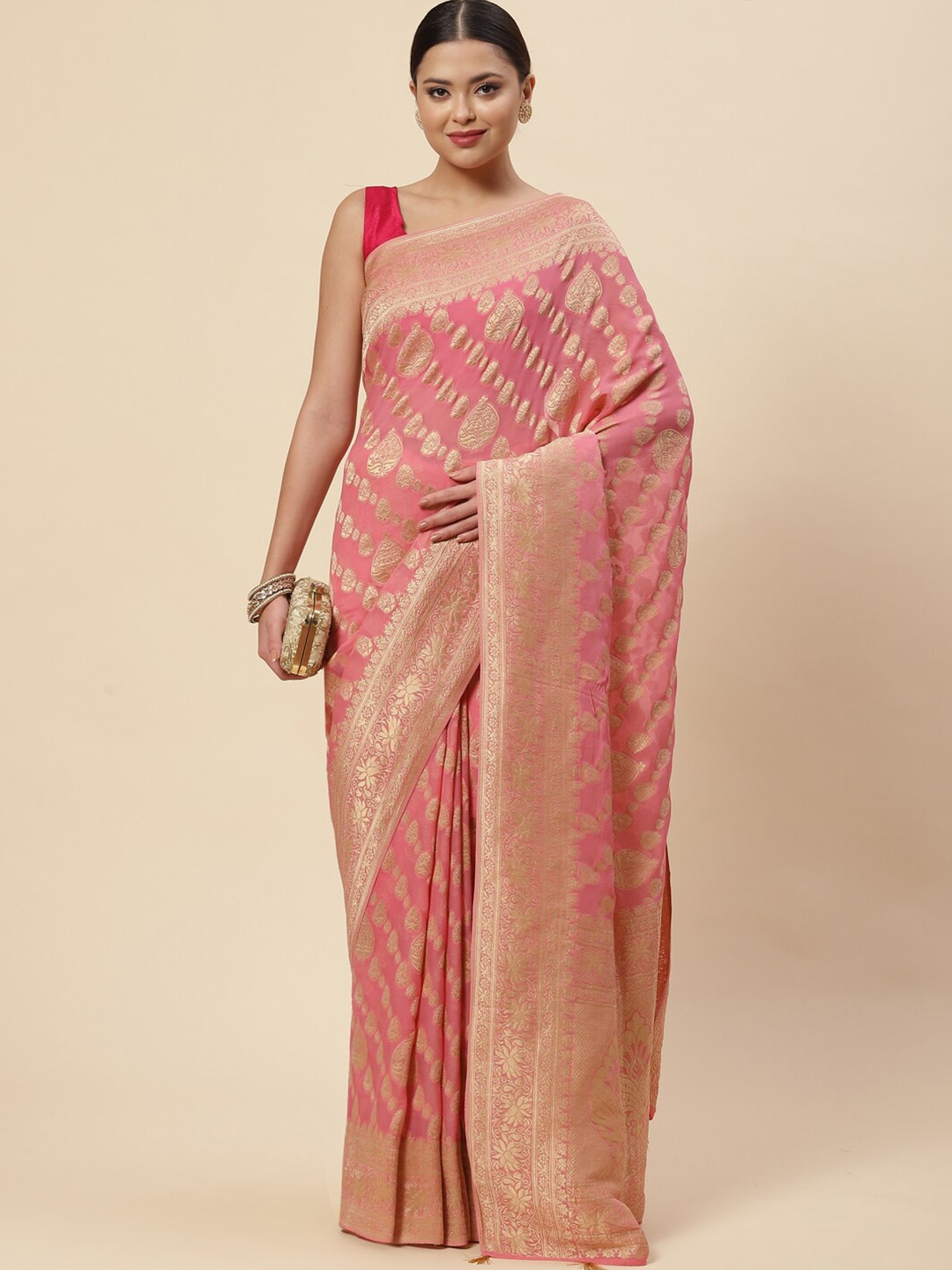 Meena Bazaar Pink & Gold-Toned Ethnic Motifs Zari Saree Price in India